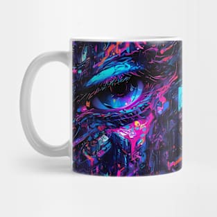 Neon eye closeup of a cyborg Mug